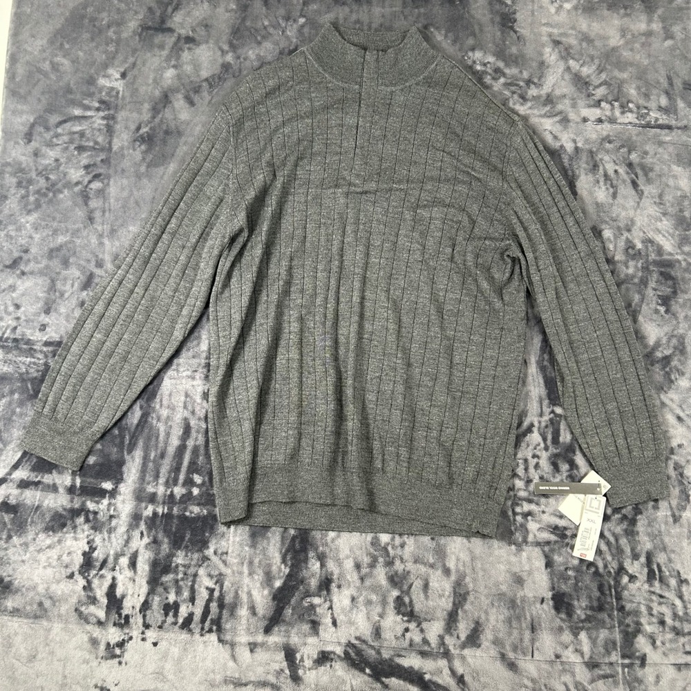 Claiborne Quarter Zip Sweater Mens XXL Grey Merino Wool Blend Ribbed Mock Neck